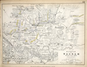 Mapa bitvy u Wagramu, kterou vydal William Blackwood and Sons, Edinburgh und London, 1848 (ručně kolorovaná rytina)